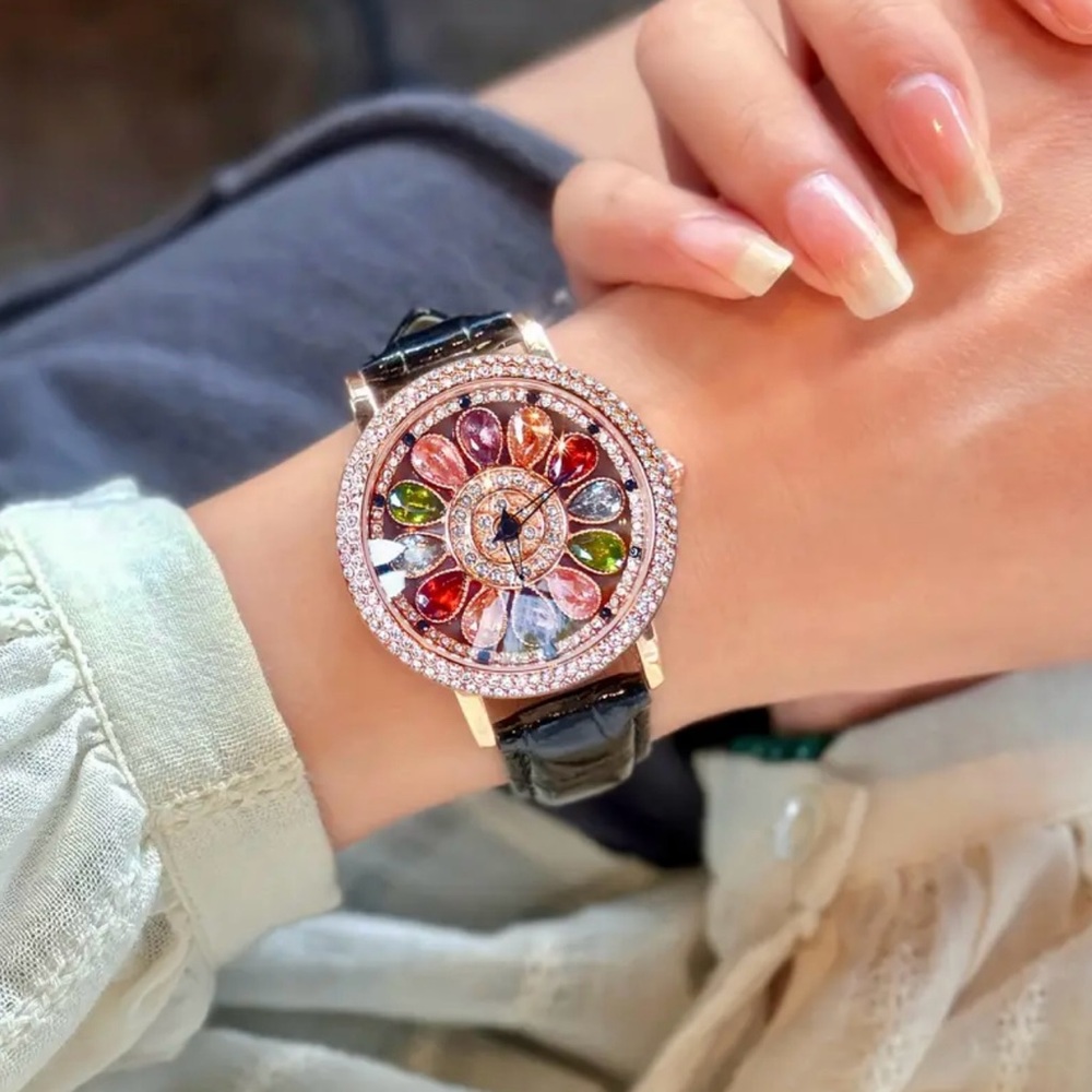 360 Spin Gem Stones Watch Rotating Dial Quartz Rose Gold Leather Strap Black